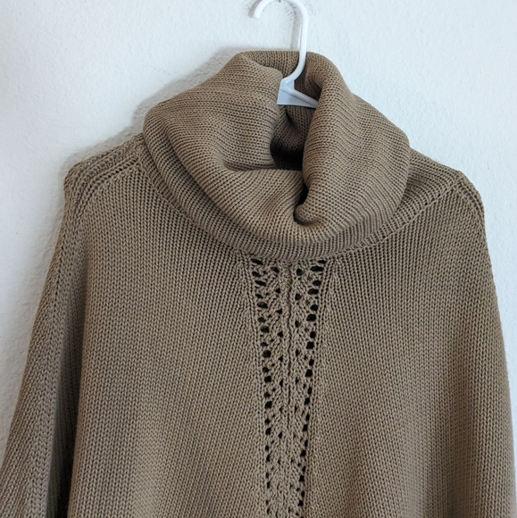 Elizabeth Gillett Tan Brown Knit Turtleneck Cowl Neck Poncho Cape OSFM - Picture 2 of 4